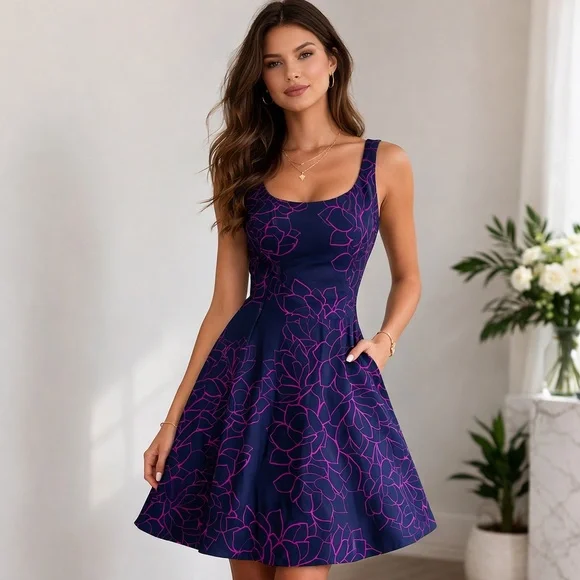 NWT GAP Floral Fit &Flare Dress In Navy Blue/ Fuchsia Purple Size 16 - Picture 3 of 12